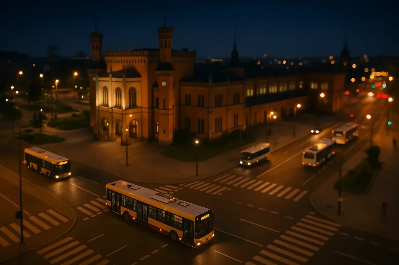 Nocne autobusy Wrocław przemierzają puste ulice. W tle oświetlony zabytkowy budynek.