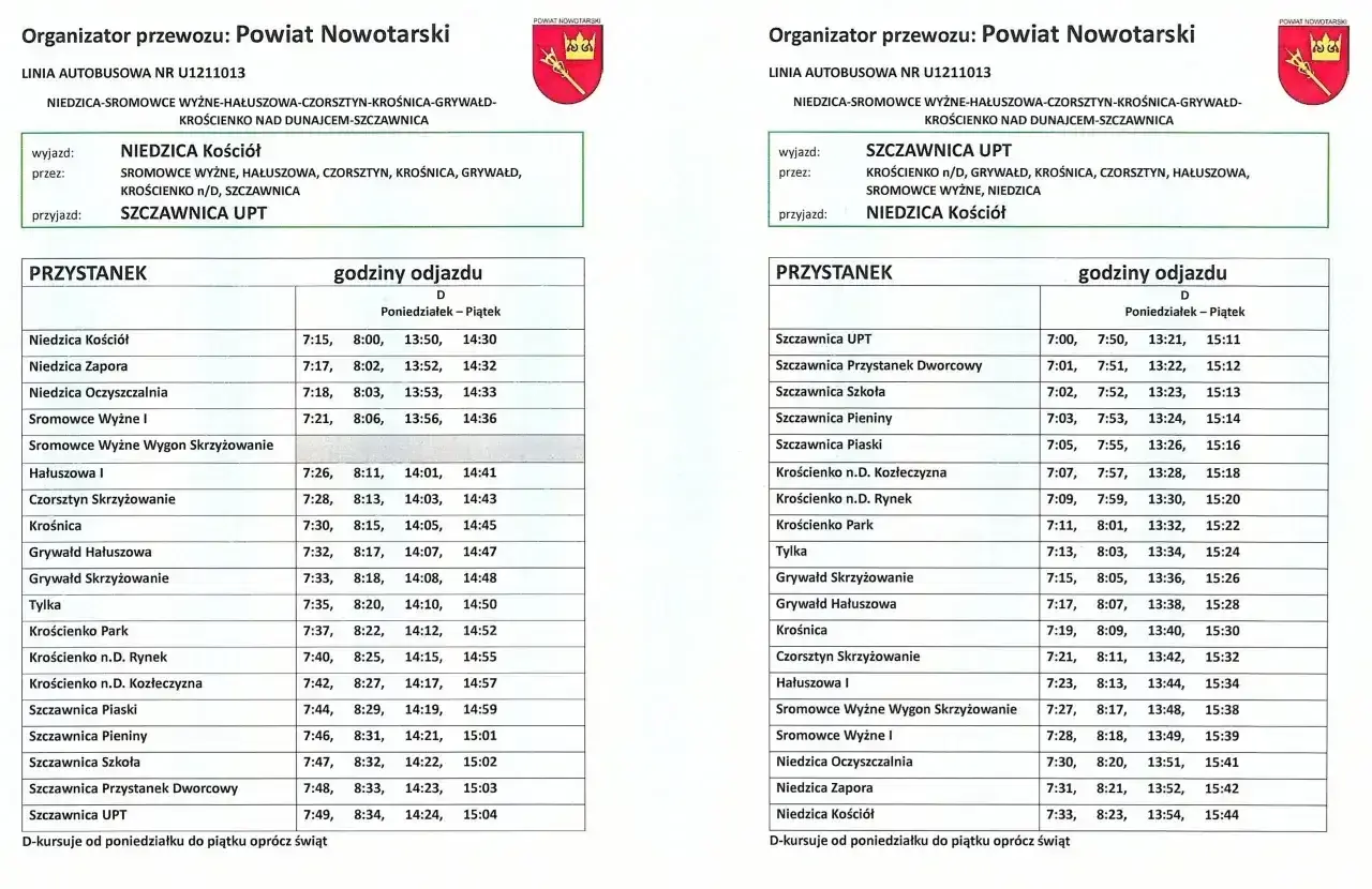 Rozkład jazdy busów: Szczawnica, Sromowce Wyżne, Krościenko. Ceny biletów nie są podane, ale rozkład jazdy busów jest dostępny od poniedziałku do piątku.