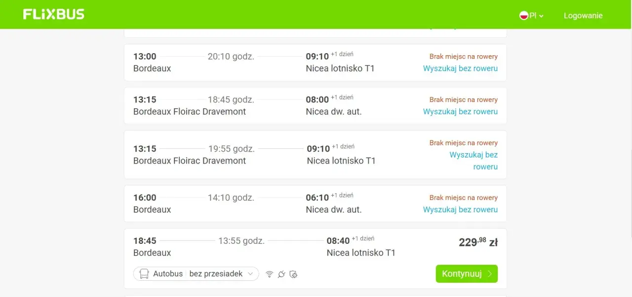 Flixbus: czy można kupić bilet u kierowcy? Na liście połączeń z Bordeaux brak informacji o takiej możliwości.