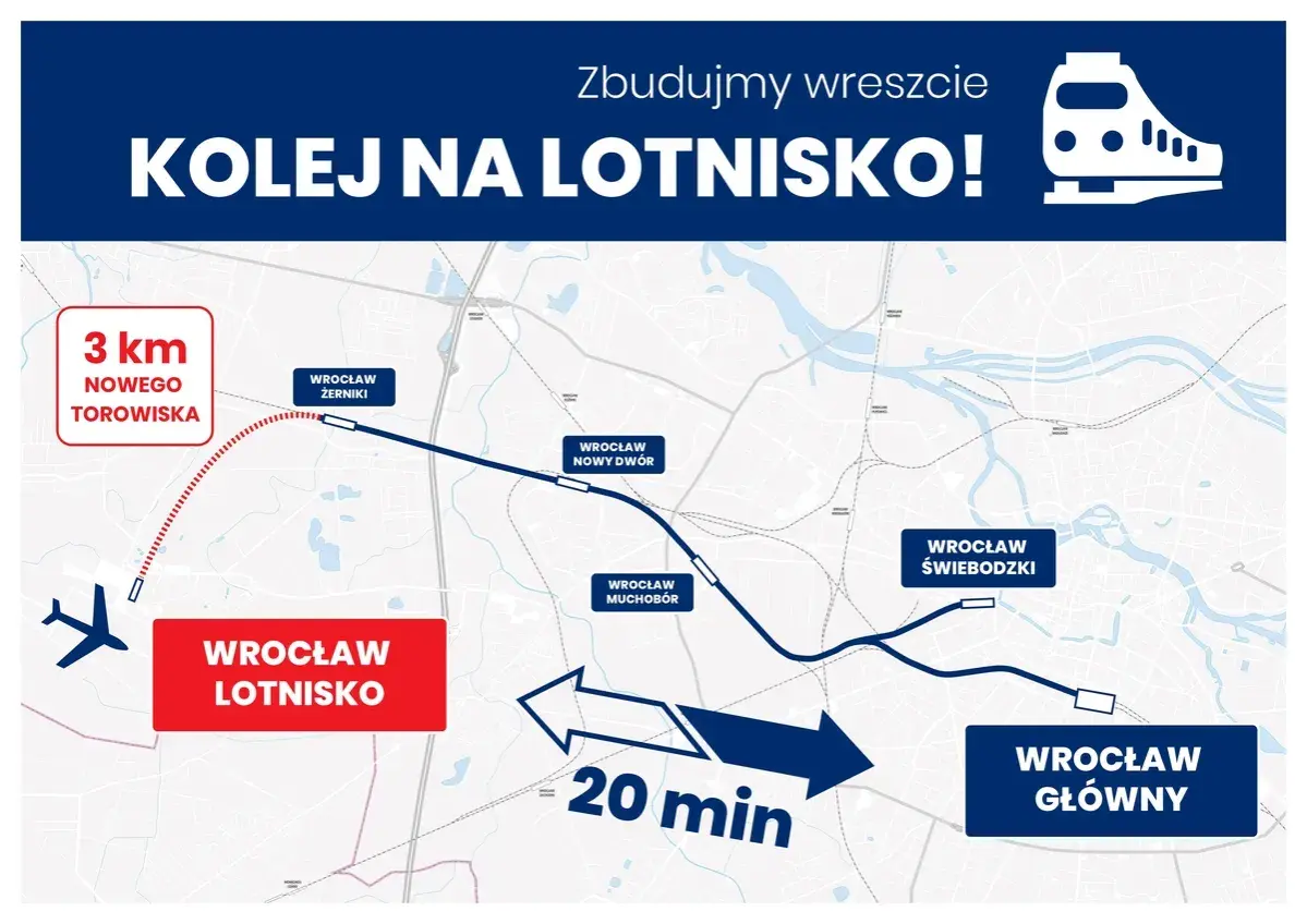 Mapa pokazuje planowaną kolej na lotnisko Wrocław. Trasa z Wrocławia Głównego do Wrocławia Lotnisko zajmie 20 minut.