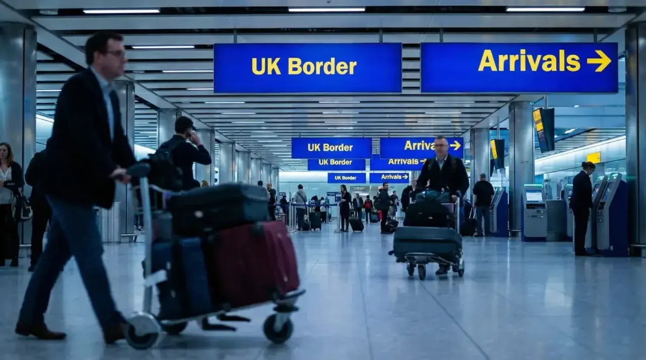 Ludzie z bagażami przechodzą przez lotnisko w Wielkiej Brytanii, kierując się do UK Border i Przylotów.