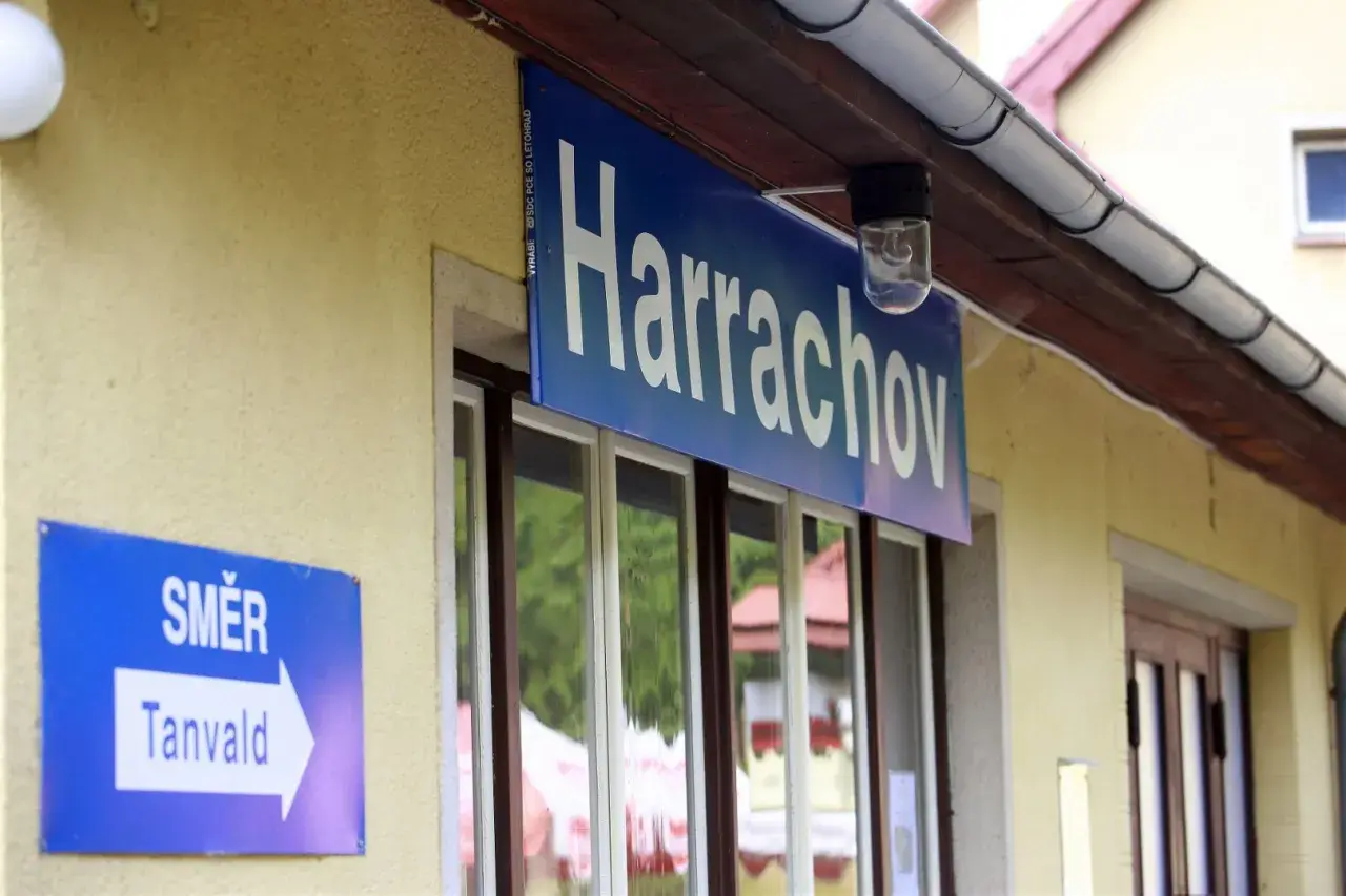 Tabliczka "Harrachov" nad oknami dworca. Obok znak "SMĚR Tanvald" wskazujący kierunek podróży pociągiem ze Szklarskiej Poręby do Harrachova.