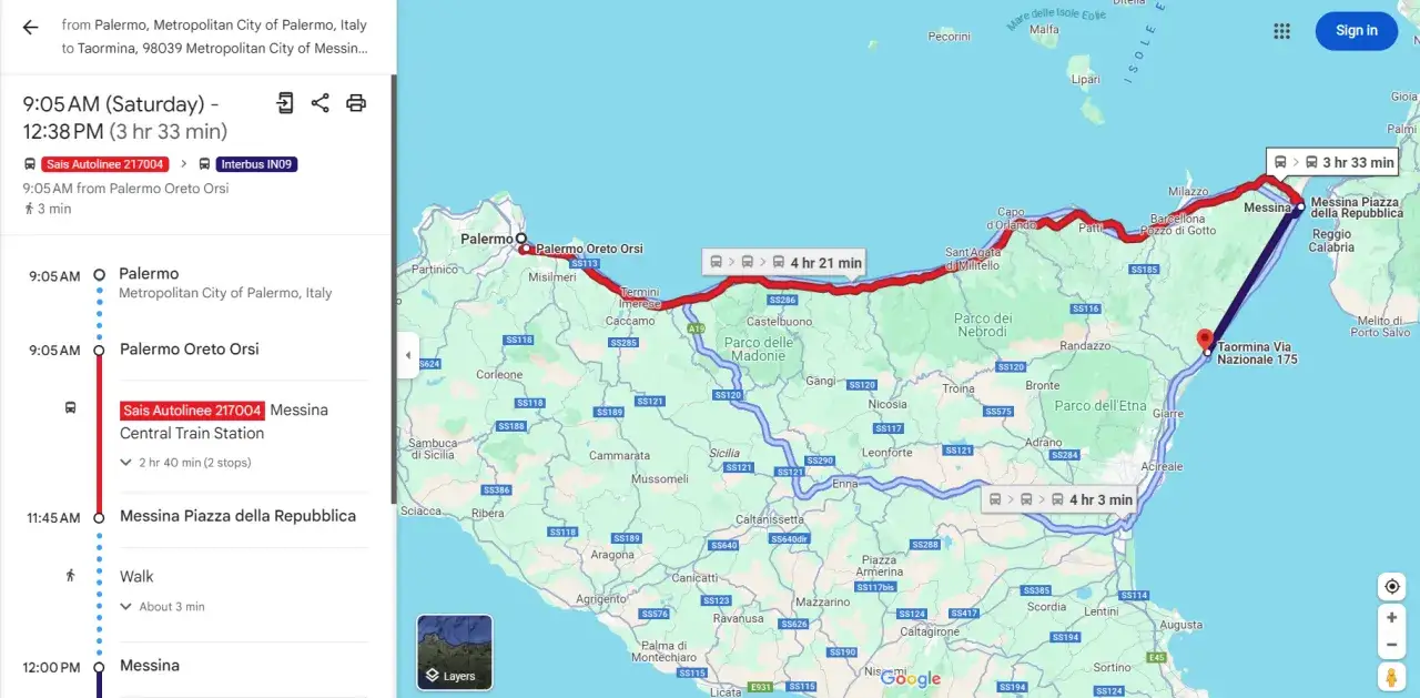 Trasa z Palermo do Taormina, z przystankami w Messinie. Podróż autobusem Sais Autolinee 217004 i Interbus IN09.