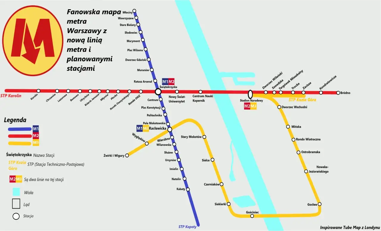 Fanowska mapa metra Warszawy z nową linią M2 i planowanymi stacjami. Widoczne linie M1, M2, M3 i Wisła.