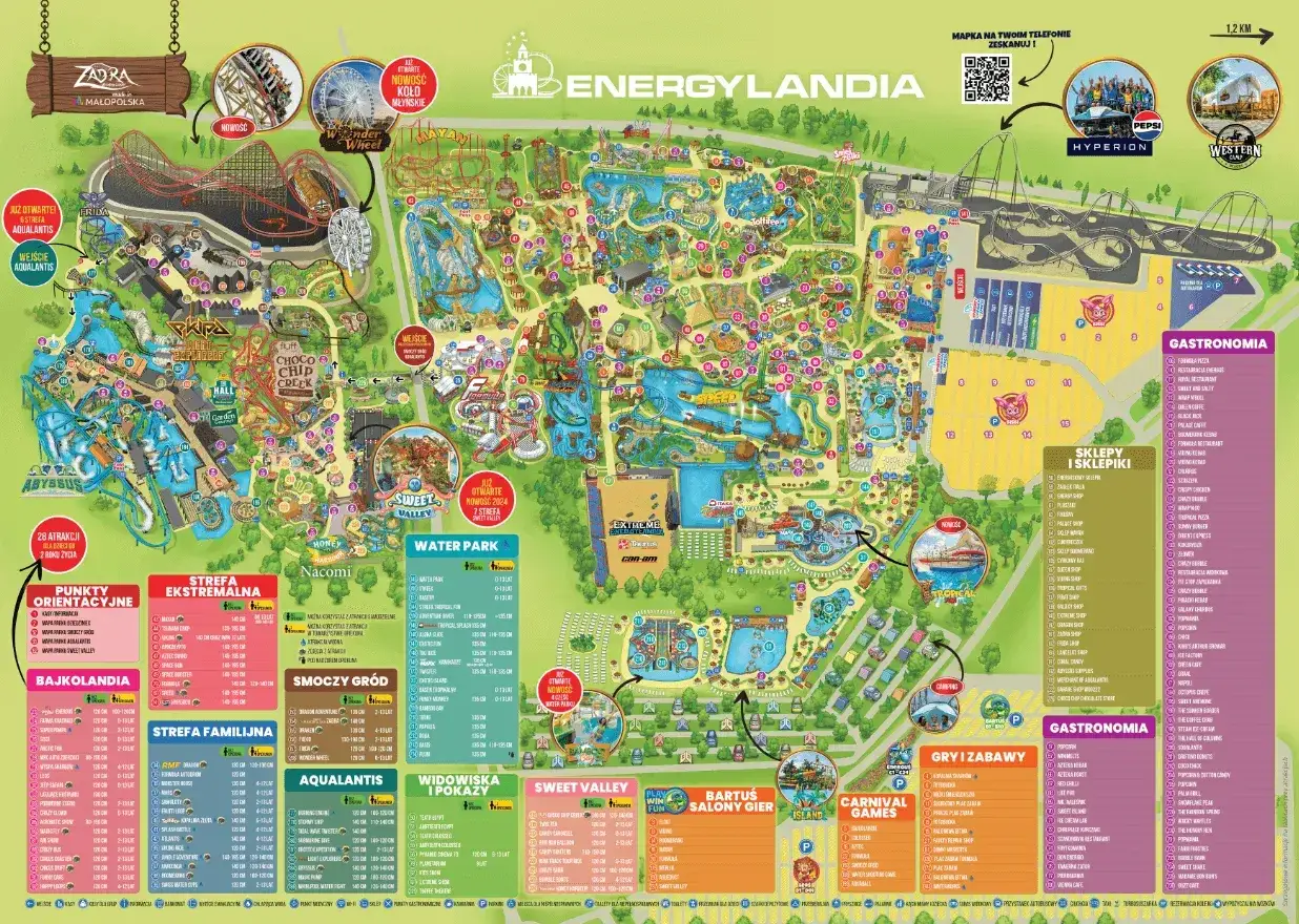 Mapa parku rozrywki Energylandia we Wrocławiu, z zaznaczonymi strefami: Bajkolandia, Strefa Ekstremalna, Water Park, Sweet Valley, Smoczy Gród, Aqualantis, Strefa Familijna, Widowiska i Pokazy, Gry i Zabawy, oraz Gastronomia i Sklepy.
