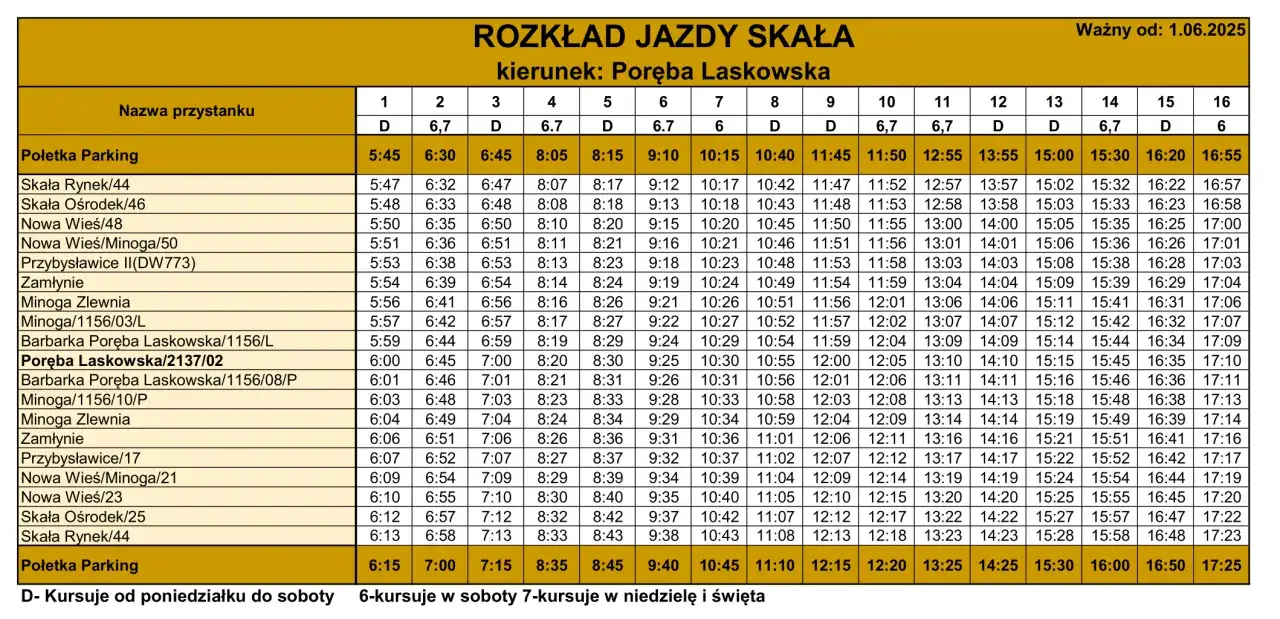 Rozkład jazdy autobusu na trasie Skala - Poręba Laskowska. Kursuje od poniedziałku do soboty.