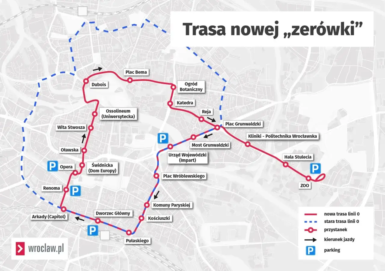 Mapa nowej trasy tramwaju 0 we Wrocławiu, pokazująca przystanki od Placu Bema do ZOO.