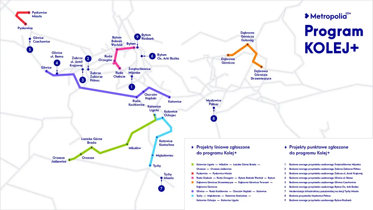 Mapa przedstawia linie kolejowe programu Kolej+. Autobus 149 nie jest widoczny na mapie.