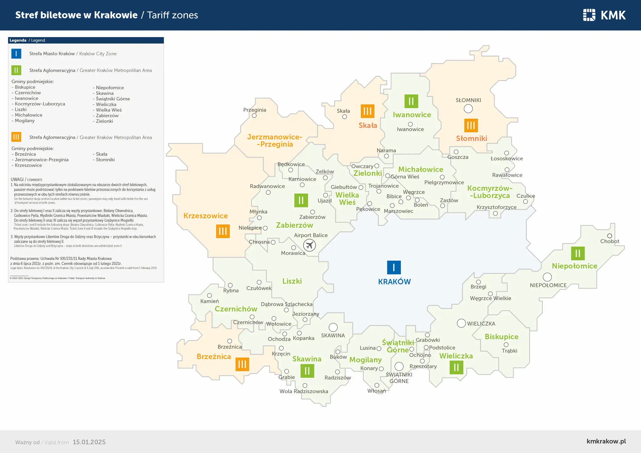 Mapa stref biletowych Krakowa i okolic. Pokazuje podział na strefy I, II i III, z zaznaczonymi miejscowościami, ułatwiając planowanie podróży.