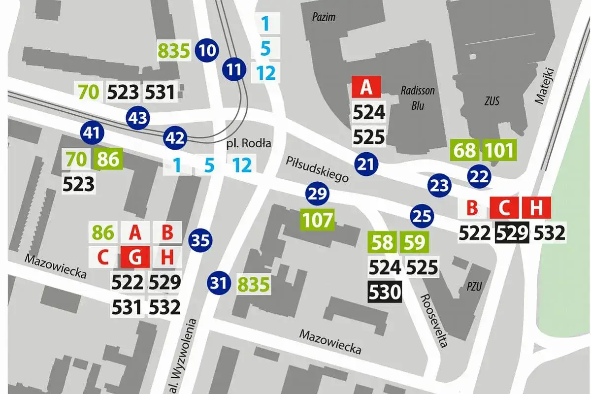 Mapa Szczecina z zaznaczonymi przystankami linii 87 i innymi numerami autobusów, tramwajów oraz literami oznaczającymi strefy.