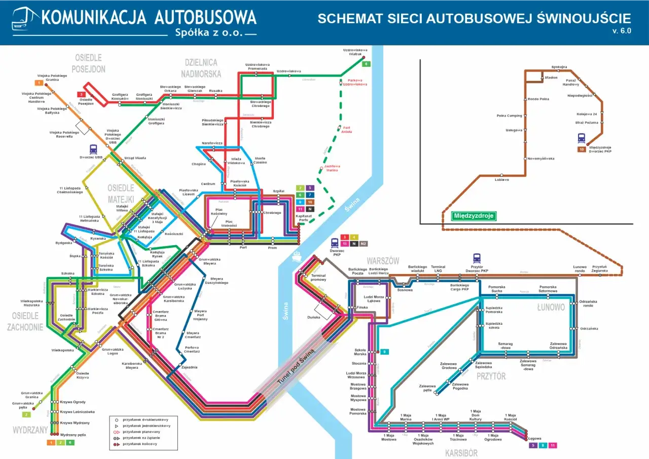 Schemat sieci autobusowej Świnoujścia, pomocny przy planowaniu podróży, jak dojadę.