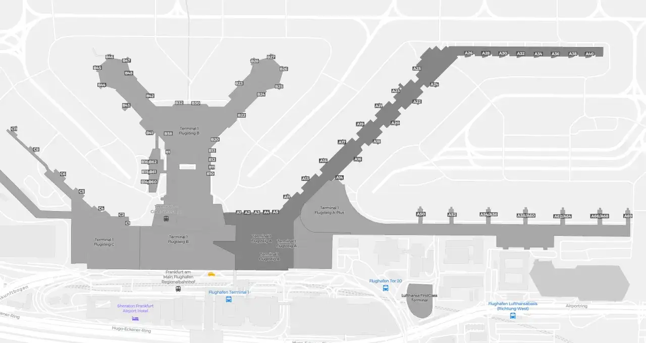Plan lotniska Frankfurt nad Odrą z terminalami A, B, C i licznymi bramkami.