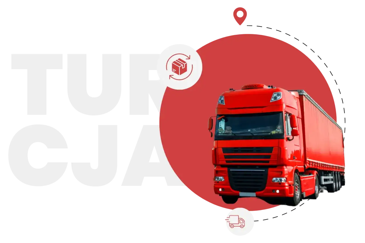 Czerwona ciężarówka symbolizuje transport, pokazując jak sprowadzać ubrania z Turcji.
