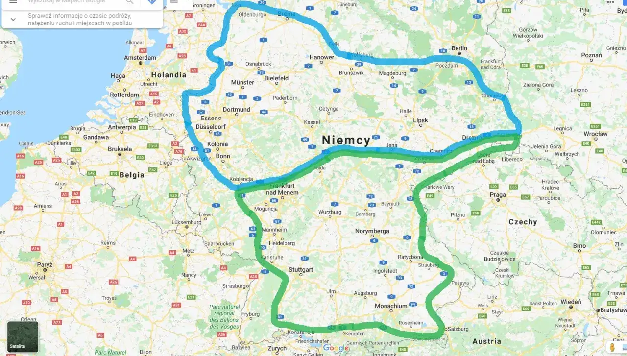 Trasa z Holandii przez Niemcy do Czech, zaznaczona niebieską i zieloną linią na mapie.