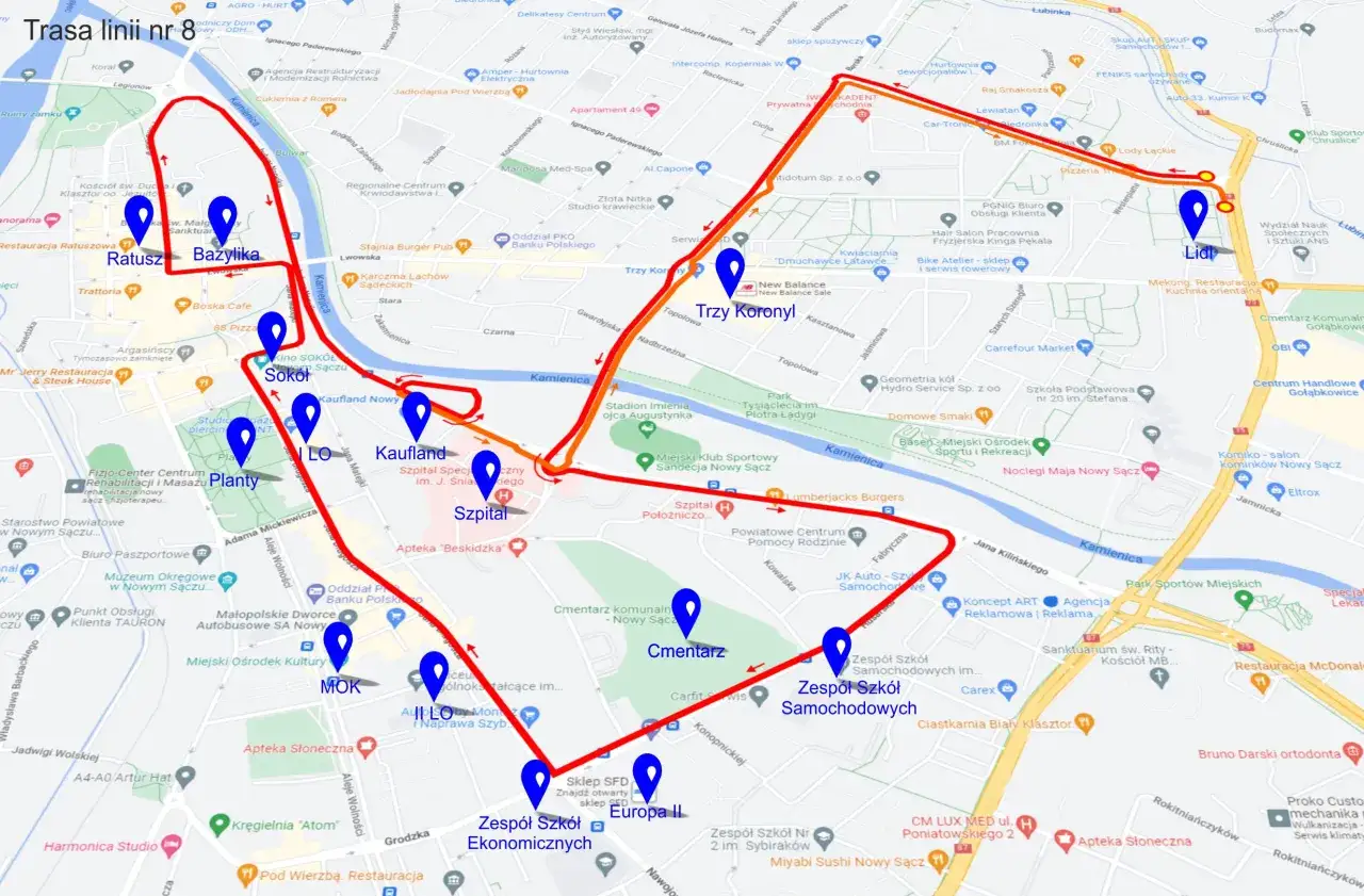 Trasa linii nr 8 autobusów MPK Nowy Sącz: Ratusz, Bazylika, SOKÓŁ, Kaufland, Szpital, Cmentarz, Zespół Szkół Samochodowych, Lidl.