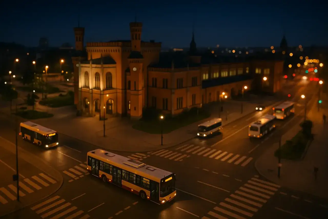 Nocne autobusy we Wrocławiu przemierzają puste ulice. W tle oświetlony zabytkowy budynek.