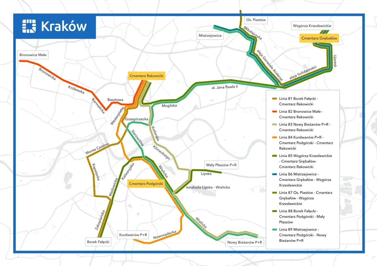 Mapa linii tramwajowych w Krakowie, w tym linie do Cmentarza Rakowickiego, Podgórskiego i Grzębalskich. Widać też drogę do Wieliczki.