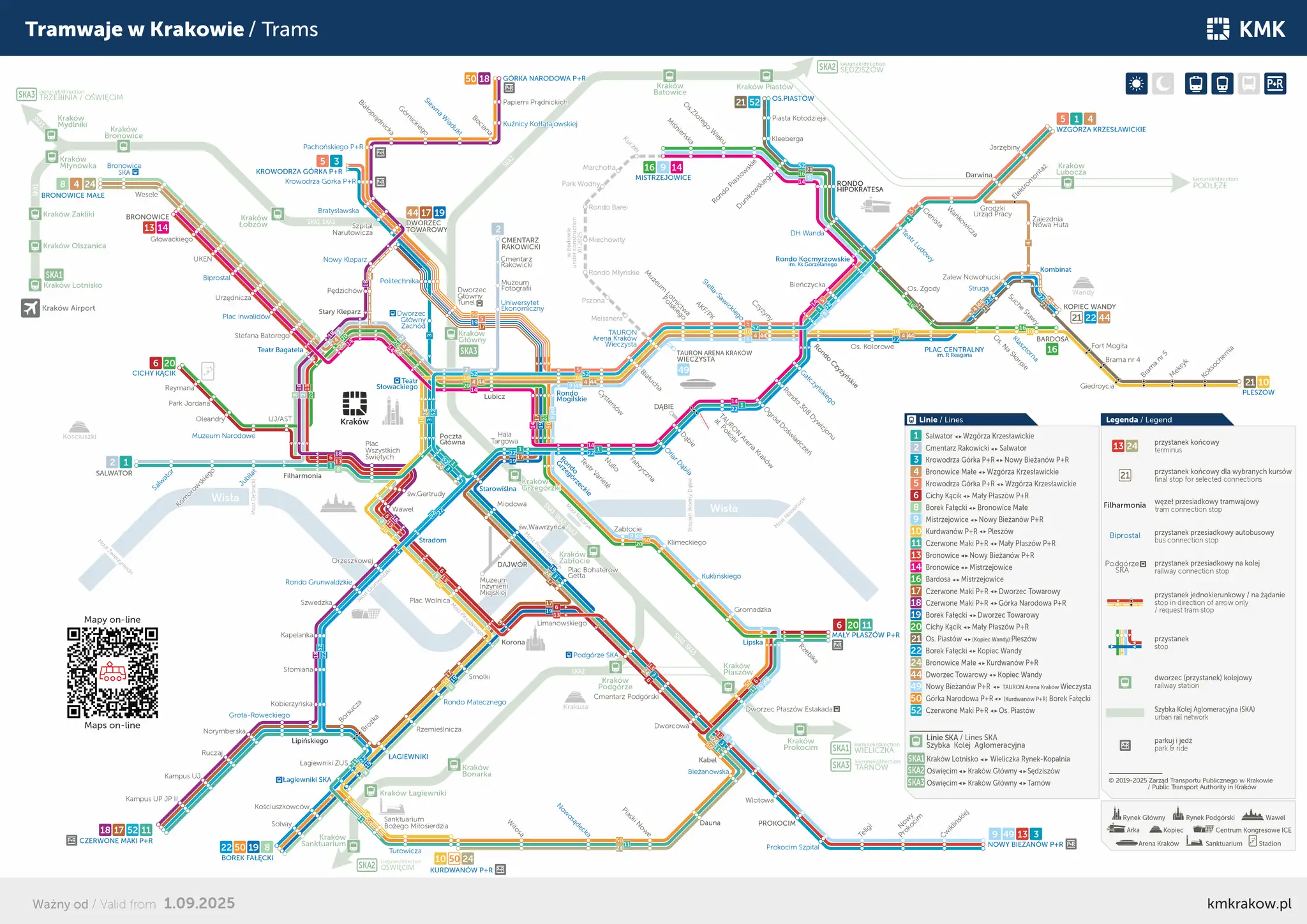 Mapa komunikacji miejskiej w Krakowie. Linie tramwajowe i SKA. busy krk pl.