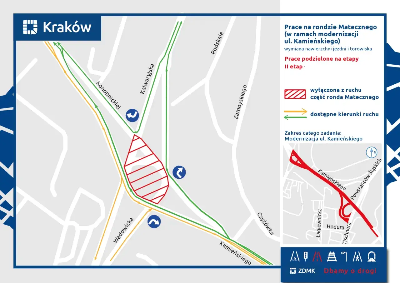 Mapa Krakowa z zaznaczonym rondo Matecznego, gdzie trwają prace modernizacyjne. Część ronda jest wyłączona z ruchu.