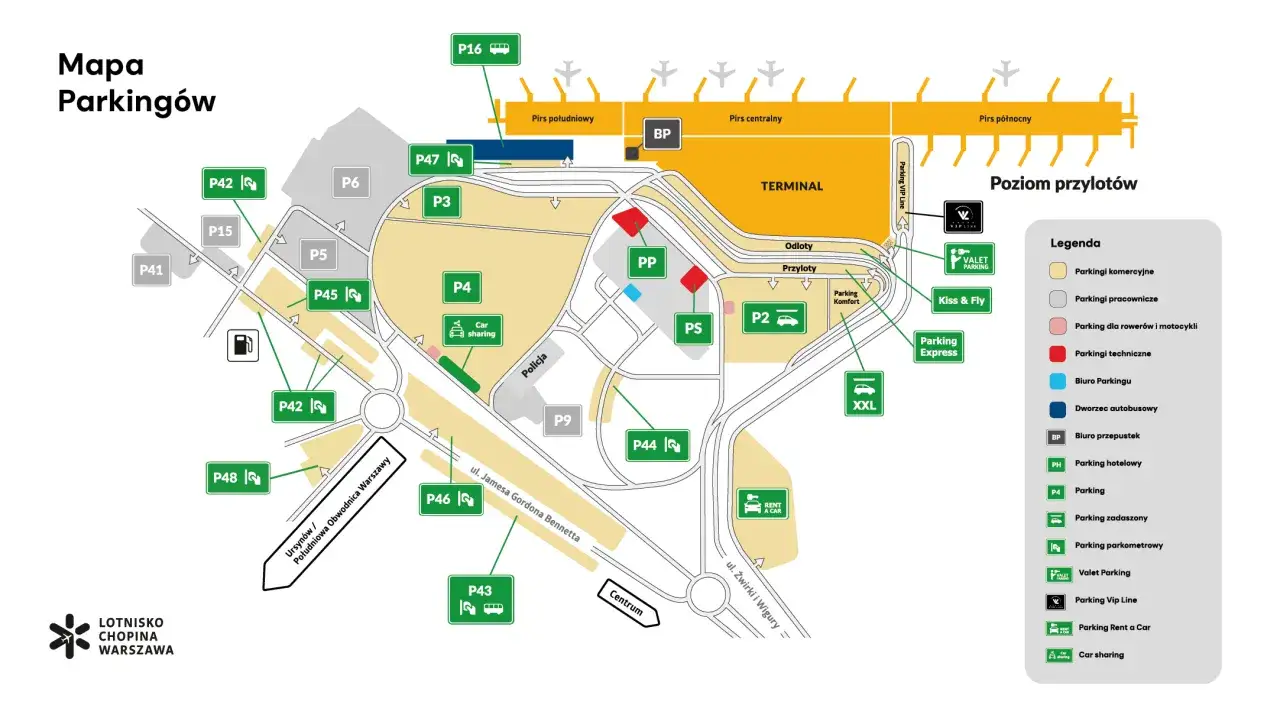 Mapa parkingów Lotniska Chopina Warszawa. Znajdź parking P42, P45, P46, P48, P43, P47, P3, P5, P6, P15, P41, P9, P44, P2, PP, PS, XXL.