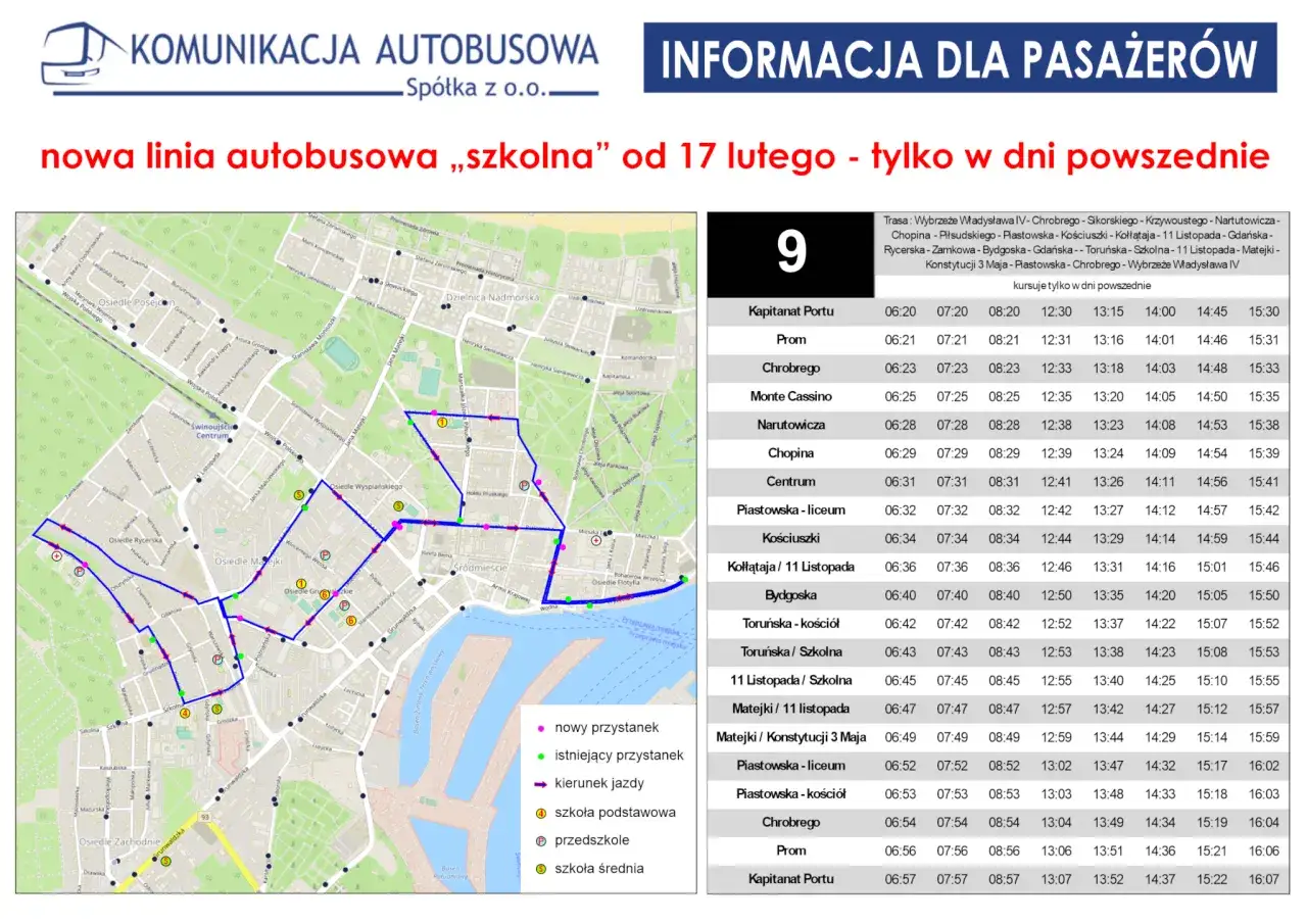 Mapa z trasą i rozkładem jazdy autobusu 10 Świnoujście-Międzyzdroje.