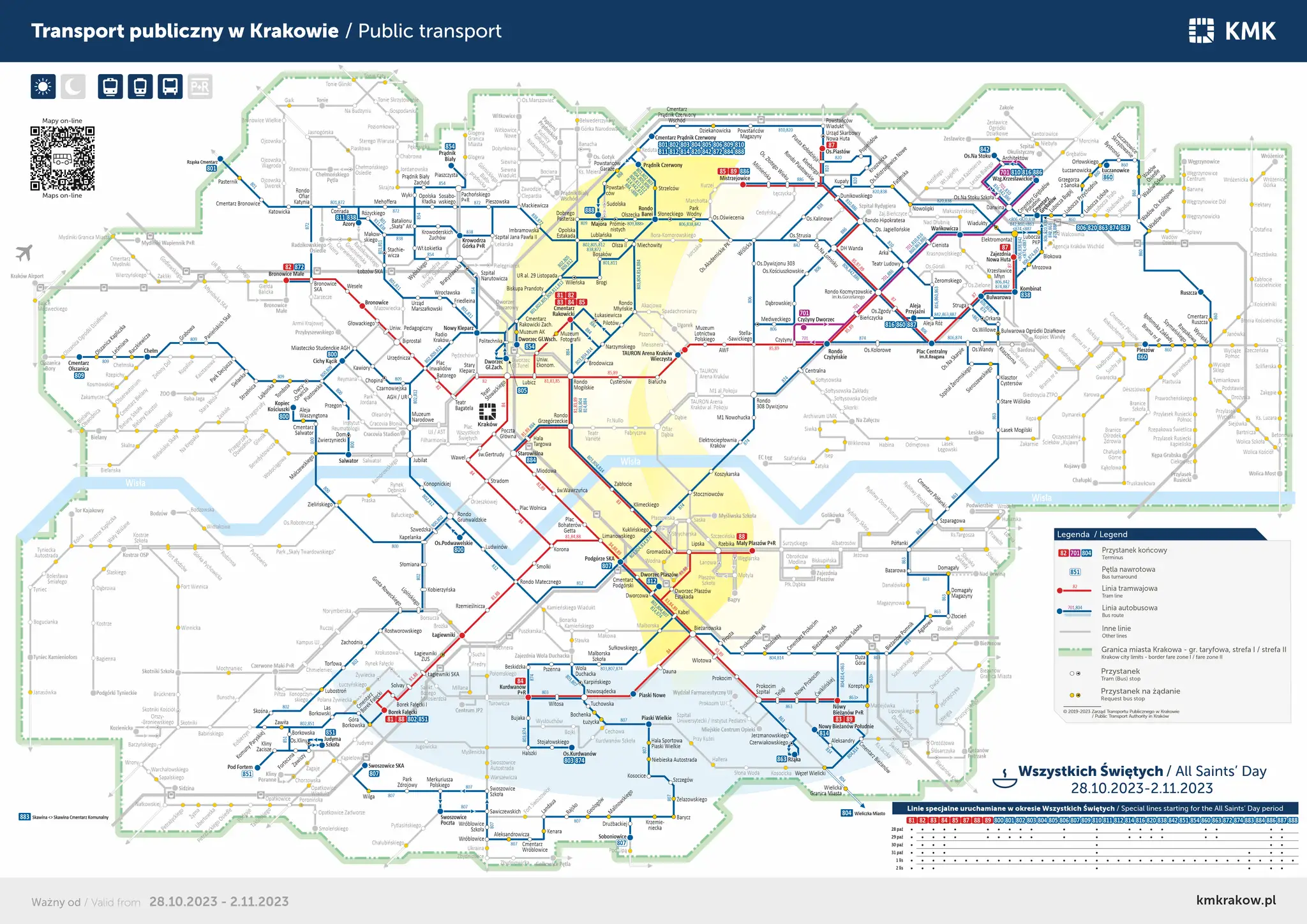 Mapa komunikacji miejskiej w Krakowie, z zaznaczonymi liniami tramwajowymi i autobusowymi, w tym trasą do Wieliczki.