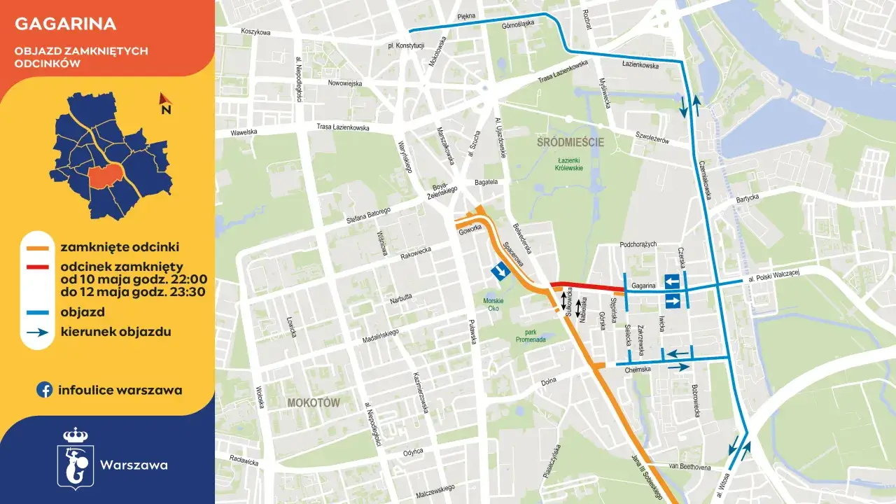 Warszawa: objazd tramwaju 10 z powodu zamkniętego odcinka ul. Gagarina od 10 do 12 maja. Mapa pokazuje trasę objazdu.