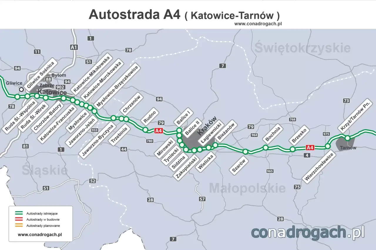 Mapa autostrady A4 pokazuje trasę z Katowic do Tarnowa. Odległość między Katowicami a Krakowem jest widoczna na mapie.