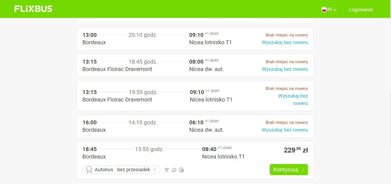 Gdzie kupić bilet na Flixbus? Widok listy połączeń z Bordeaux do Nicei, z godzinami odjazdów i przyjazdów, cenami i opcjami wyszukiwania.