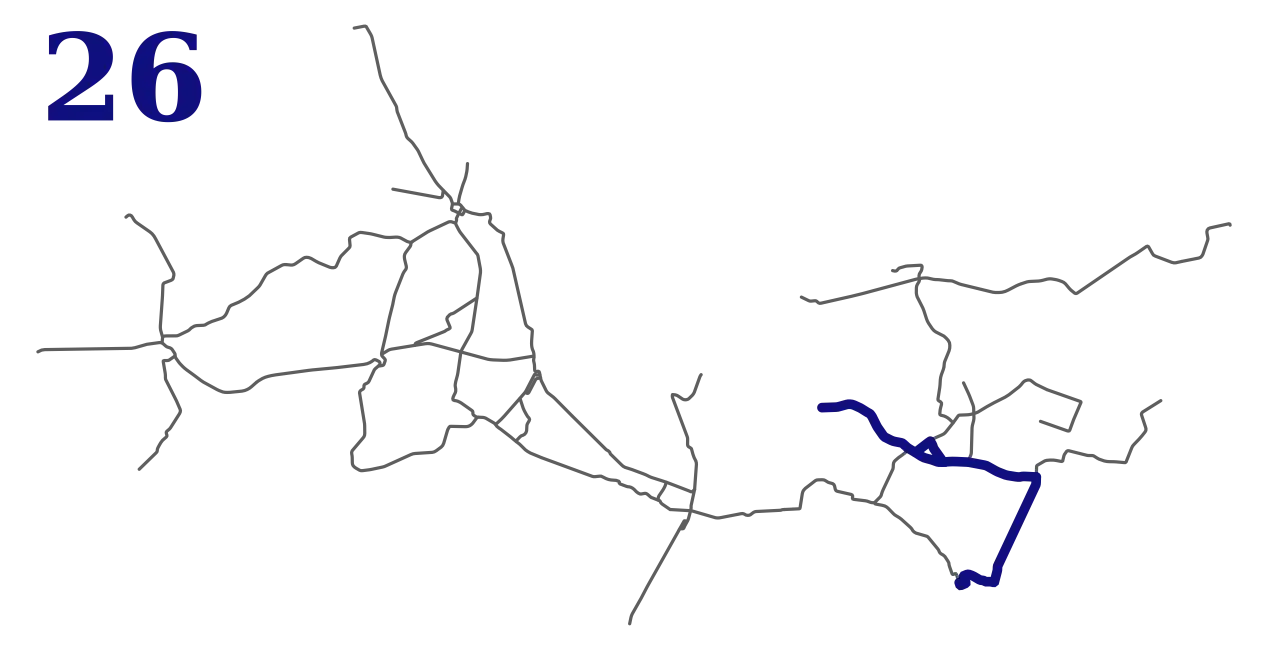 Mapa z zaznaczonymi trasami, gdzie linia tramwajowa ztm 26 wyróżnia się kolorem niebieskim.