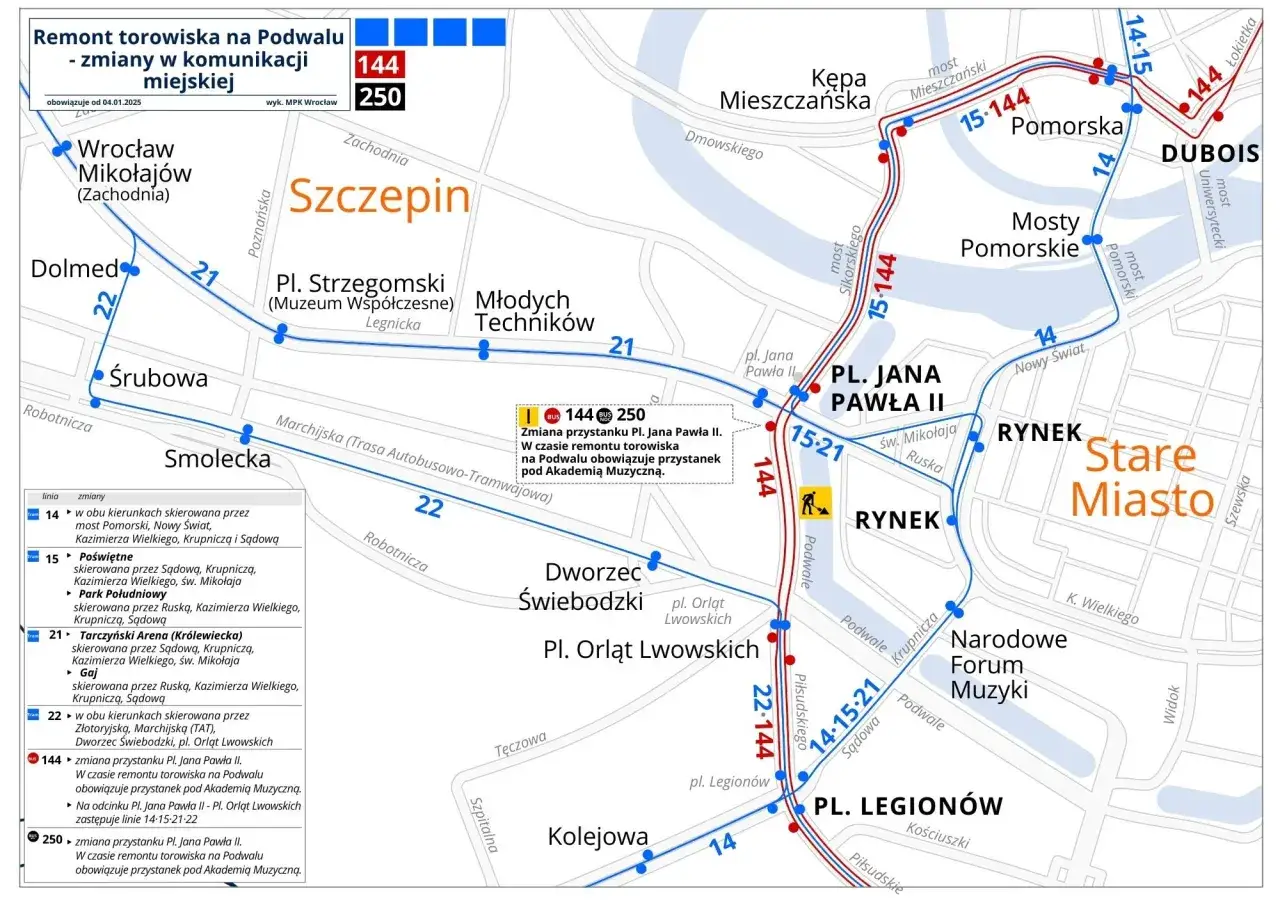 Mapa komunikacji miejskiej w Krakowie z zaznaczonymi zmianami tras linii 14, 15, 21, 22, 144, 250 z powodu remontu torowiska na Podwalu.