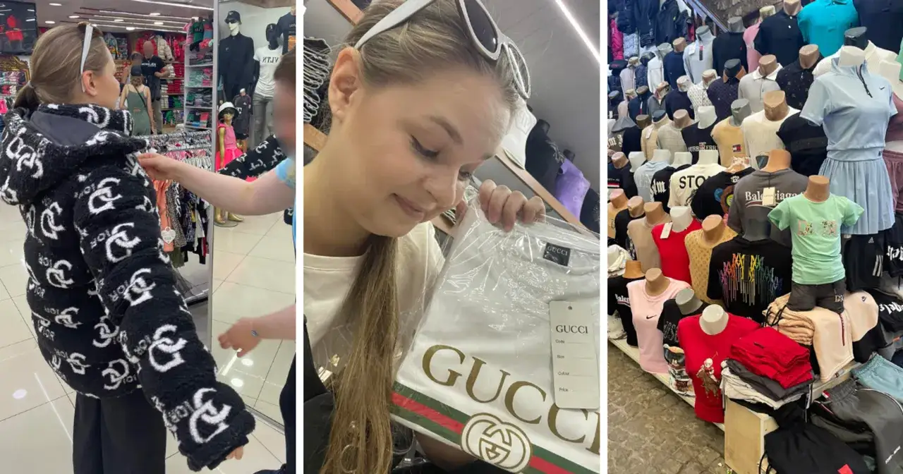 Dziewczyna w sklepie z ubraniami w Turcji, zastanawia się, czy można przywieźć ubrania z Turcji. W ręku trzyma białą koszulkę Gucci.
