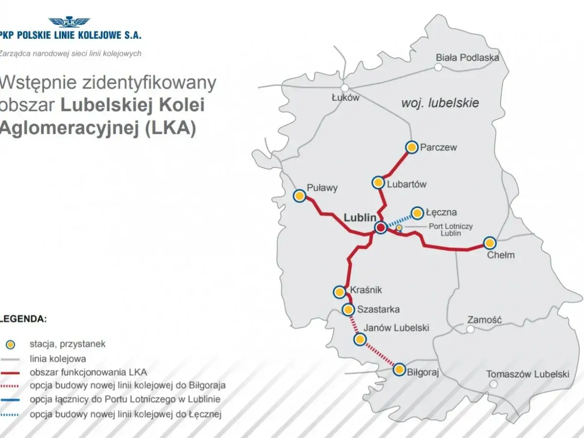 Mapa przedstawia wstępnie zidentyfikowany obszar Lubelskiej Kolei Aglomeracyjnej (LKA) z zaznaczonymi stacjami i planowanymi trasami.