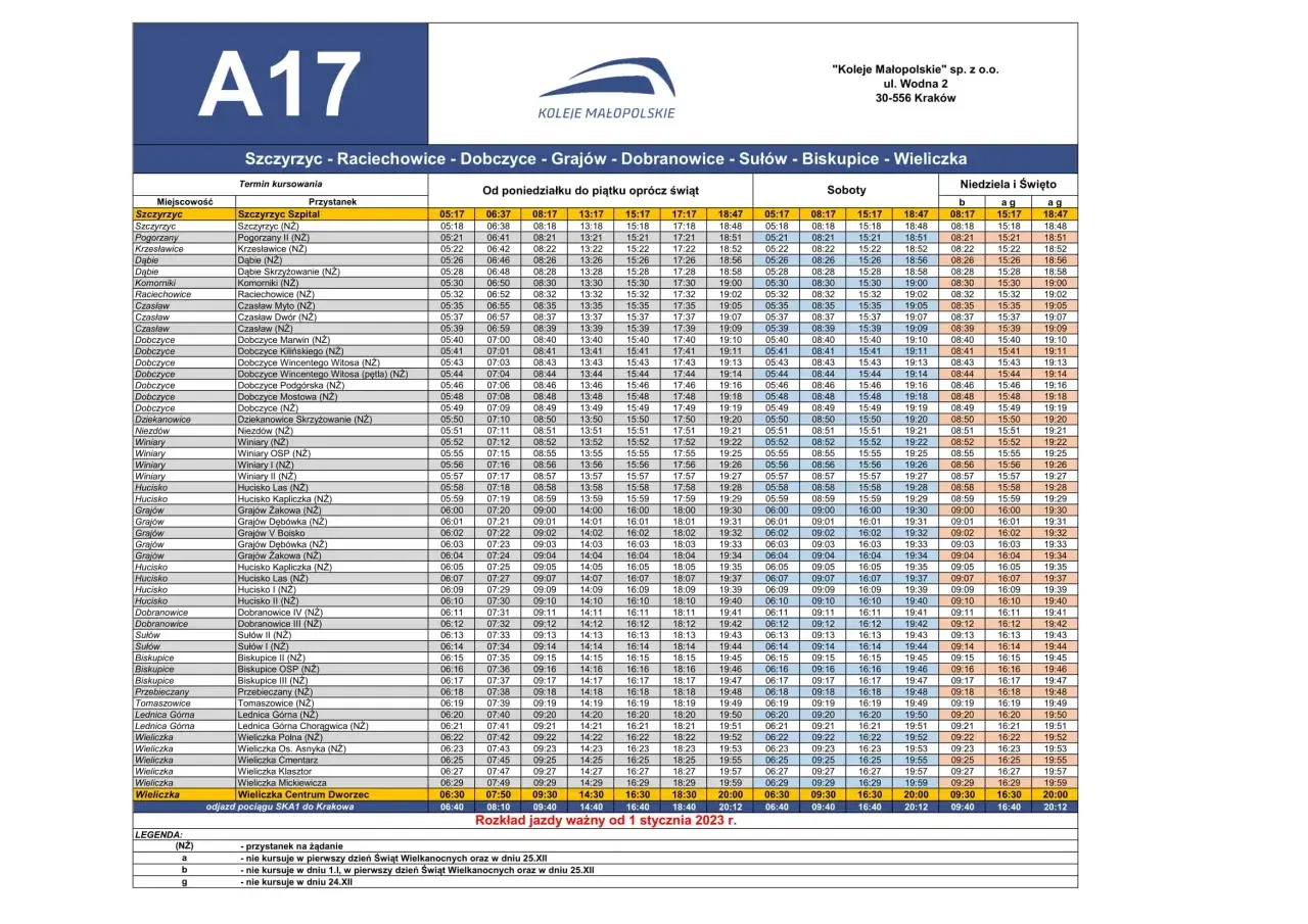 Rozkład jazdy autobusu A17: Szczyrzyc - Raciechowice - Dobczyce - Grajów - Dobranowice - Sułów - Biskupice - Wieliczka.