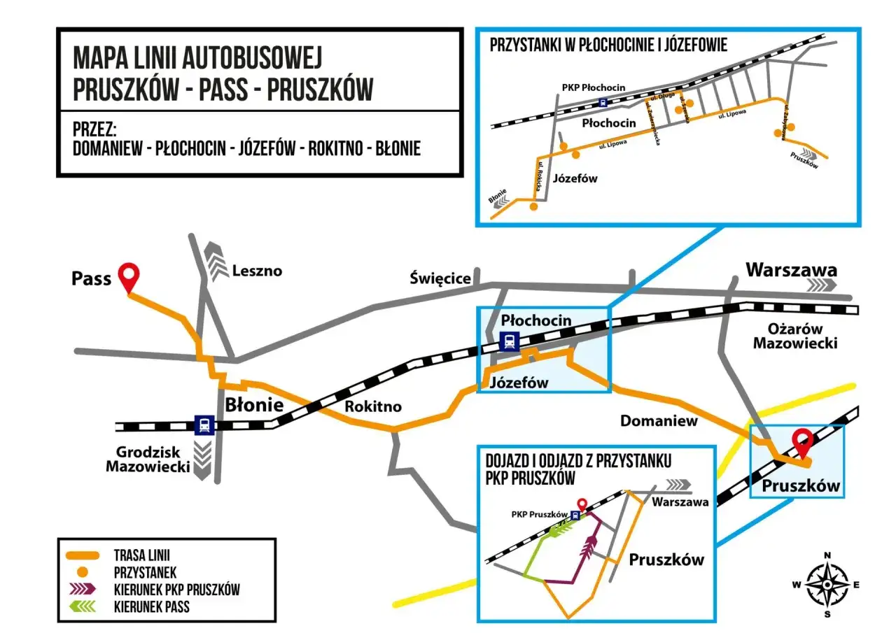 Mapa linii autobusowej Pruszków-Pass-Pruszków, przez Domaniew, Płochocin, Józefów, Rokitno, Błonie. Linia nr 6.
