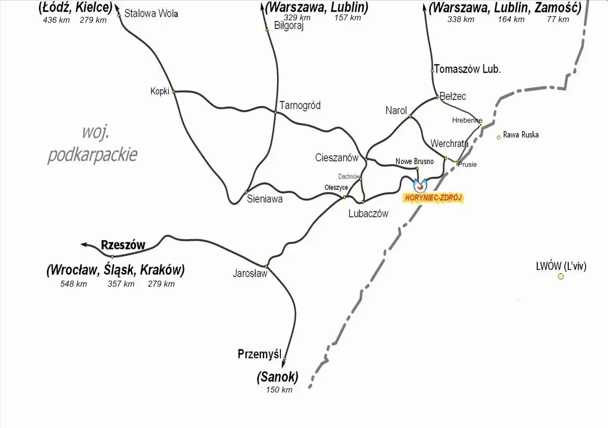 Mapa kolejowa Podkarpacia z zaznaczonym Horyńcem-Zdrojem, ważnym węzłem komunikacyjnym.