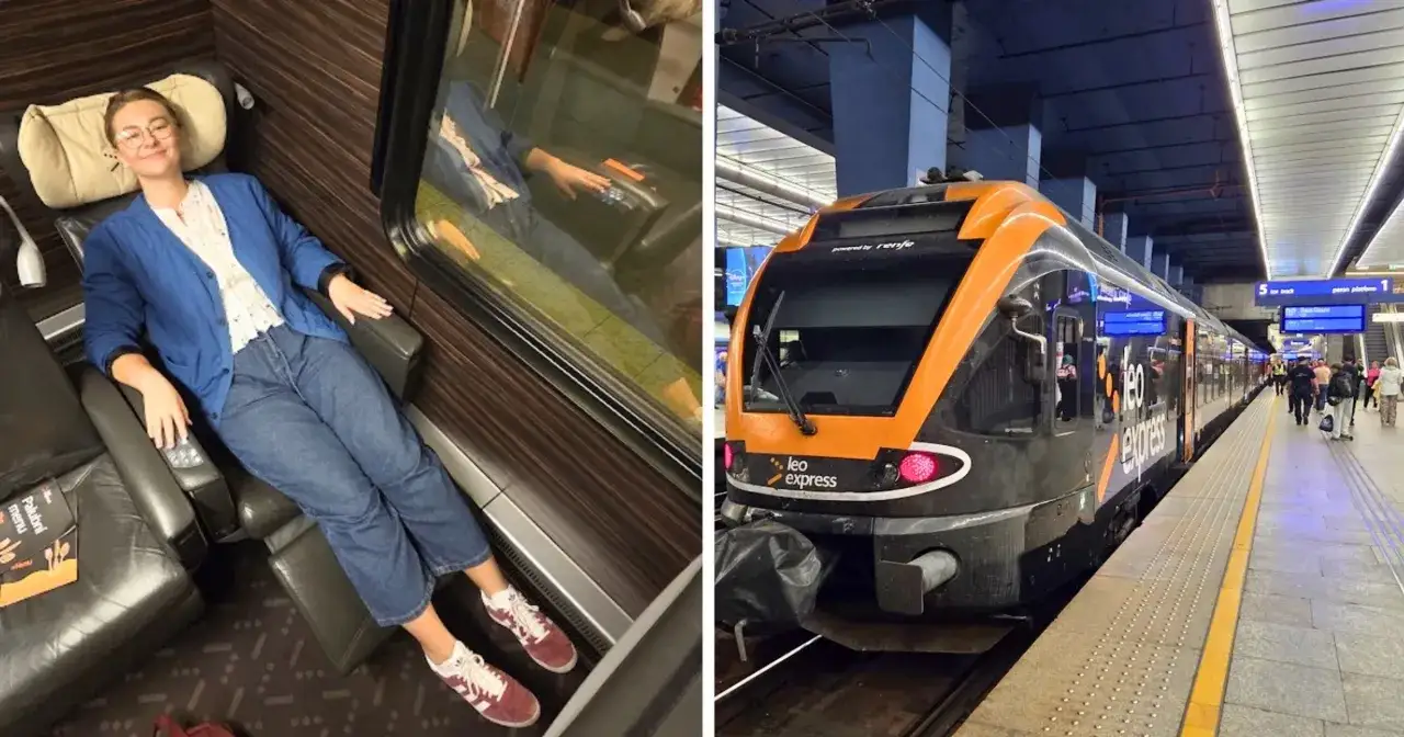 Kobieta w wygodnym fotelu w pociągu Leo Express. Zastanawiasz się, ile kosztuje bilet z Warszawy do Krakowa?