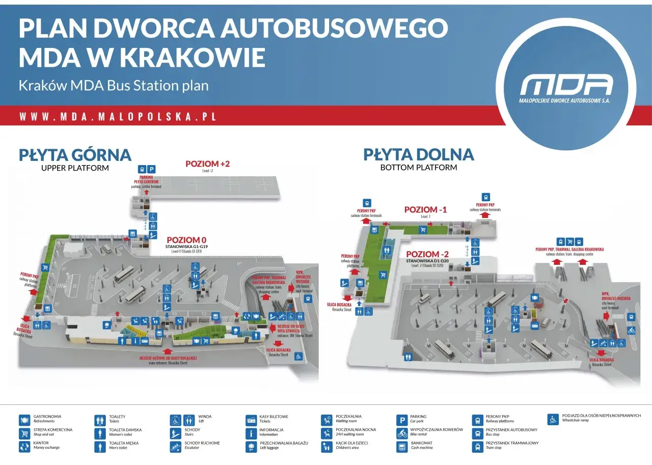 Plan dworca autobusowego MDA w Krakowie. Znajdź swój m bus kraków rozkład jazdy i perony na tym szczegółowym schemacie.