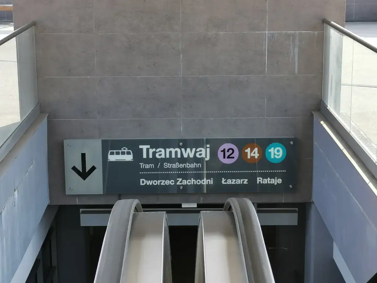 Znak informuje o dojeździe do ronda Kaponiera tramwajami 12, 14 i 19.