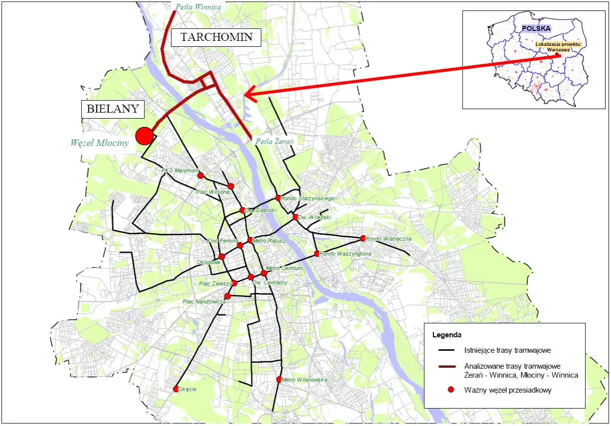 Mapa Warszawy z zaznaczonymi trasami tramwajowymi, w tym analizowanymi na Tarchominie i Młocinach.