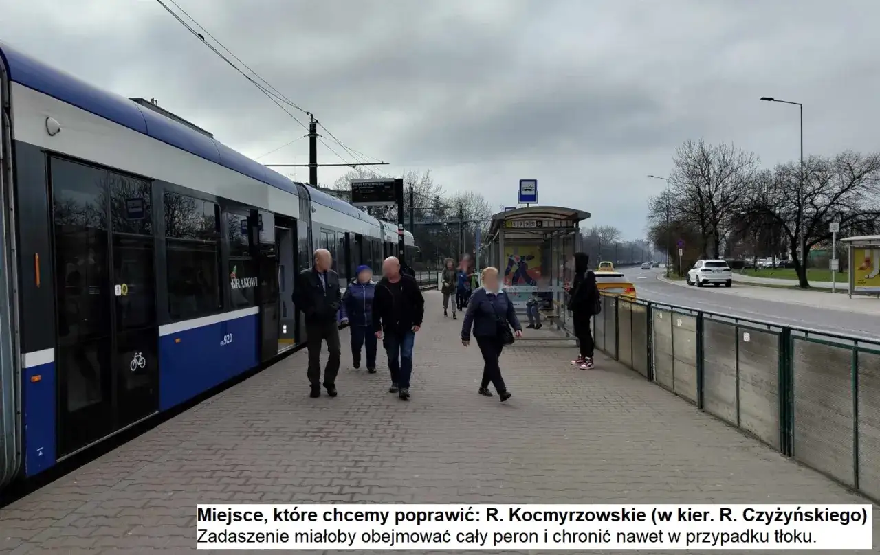 Przystanek tramwajowy R. Kocmyrzowskie w Krakowie. Ludzie czekają na tramwaj przy peronie.