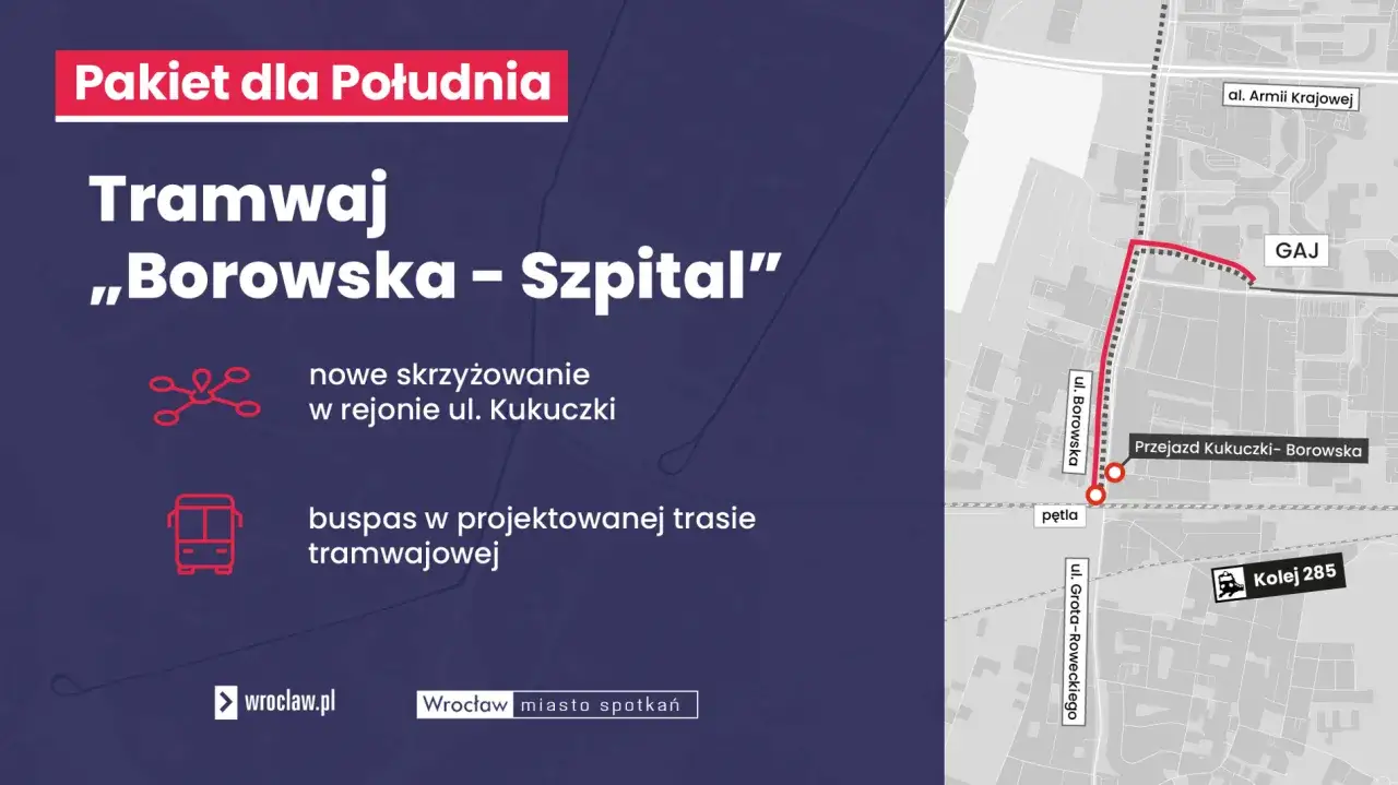 Wrocław: dojazd MPK do szpitala przy Borowskiej. Mapa pokazuje trasę tramwaju „Borowska – Szpital” i nowe skrzyżowanie.