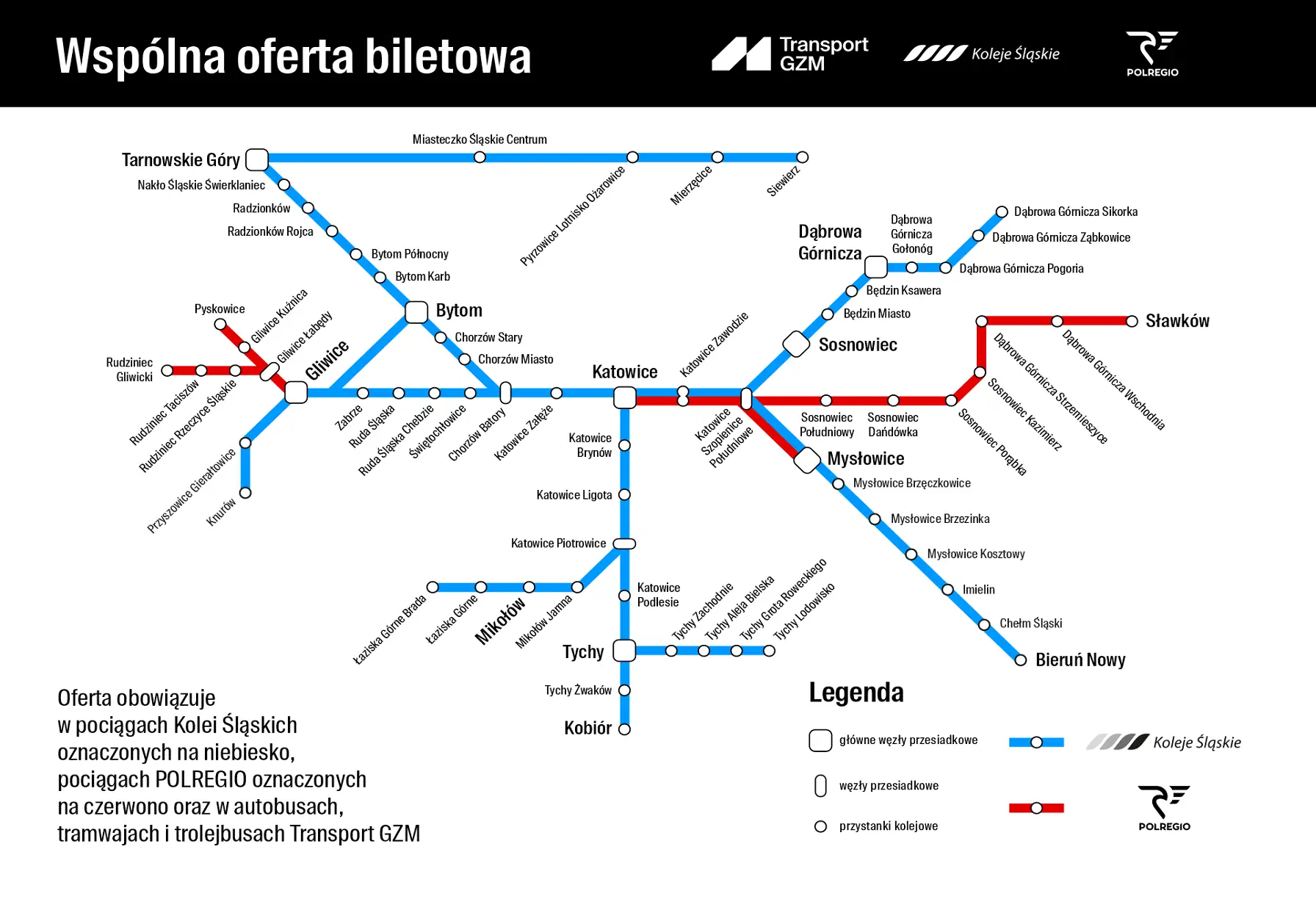 Mapa sieci kolejowej i autobusowej z ofertą biletową obejmującą Koleje Śląskie i POLREGIO.
