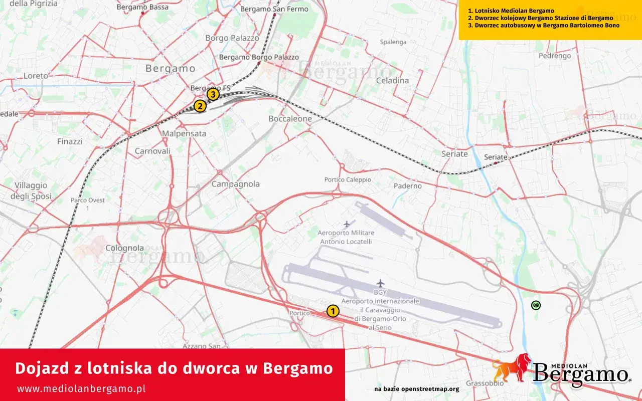 Mapa pokazuje dojazd z lotniska Mediolan Bergamo do dworca kolejowego i autobusowego.