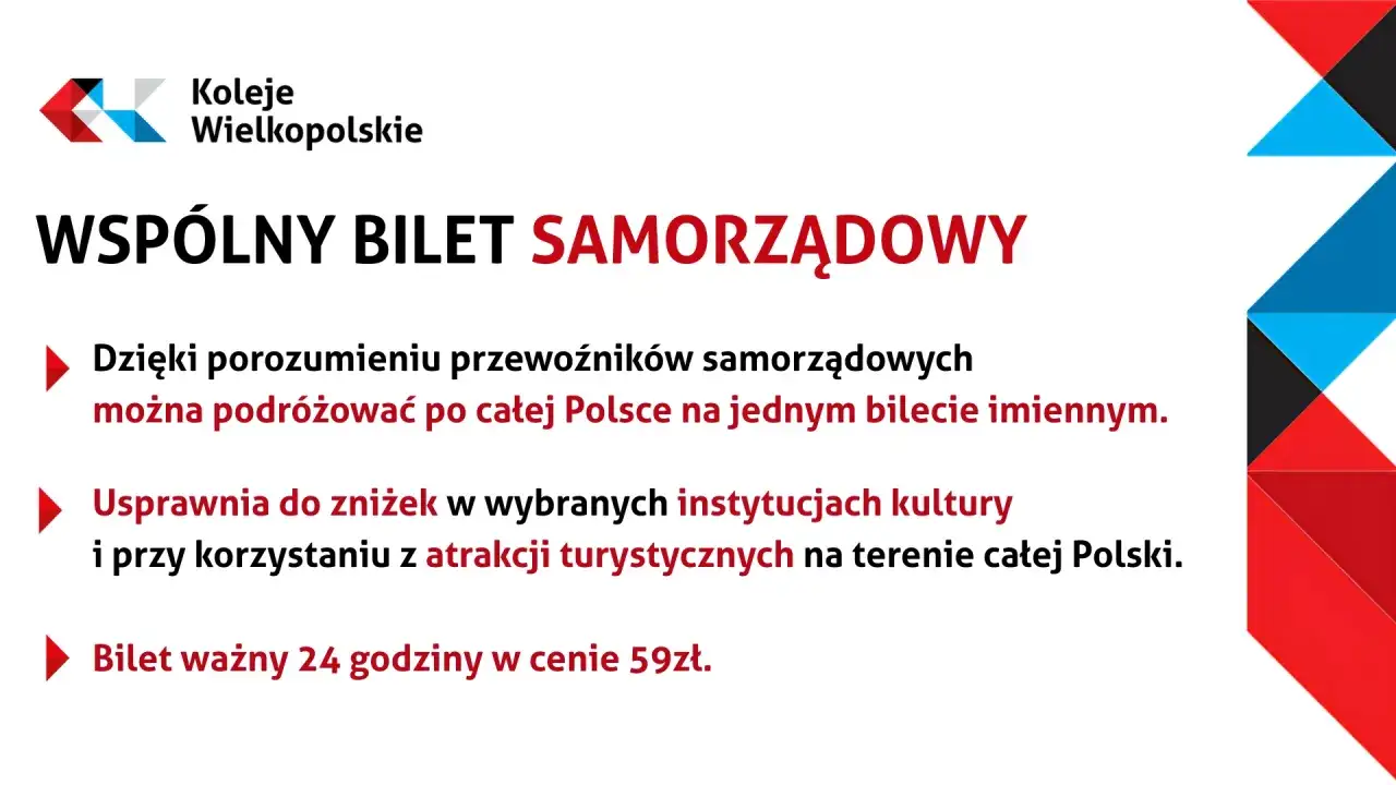 Wspólny bilet samorządowy Kolei Wielkopolskich umożliwia podróżowanie po Polsce, zniżki w instytucjach kultury i na atrakcje turystyczne.