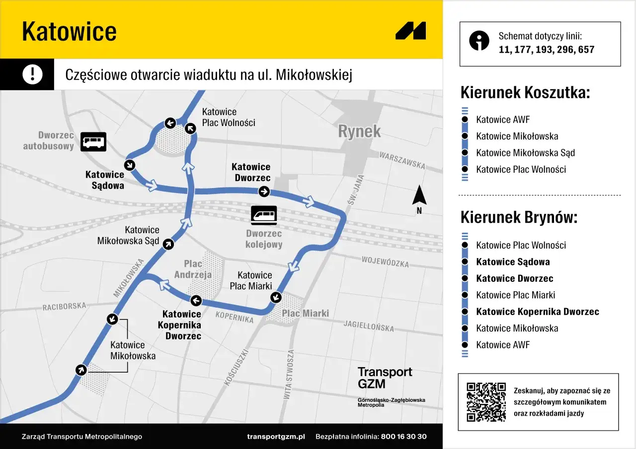 Mapa komunikacji miejskiej w Katowicach. Widoczna trasa autobusu 74, dworzec autobusowy i kolejowy, Rynek.