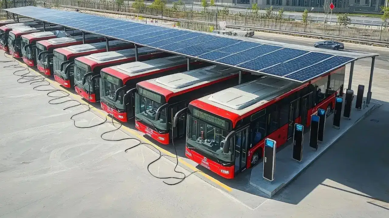Rząd czerwonych ebusów ładuje się pod panelem słonecznym.