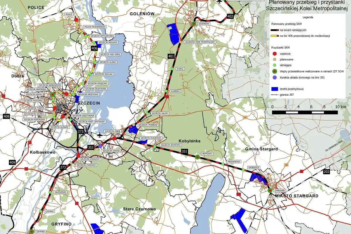 Mapa planowanej linii 101 Szczecin SKM, pokazująca istniejące i planowane przystanki oraz modernizację linii 406.