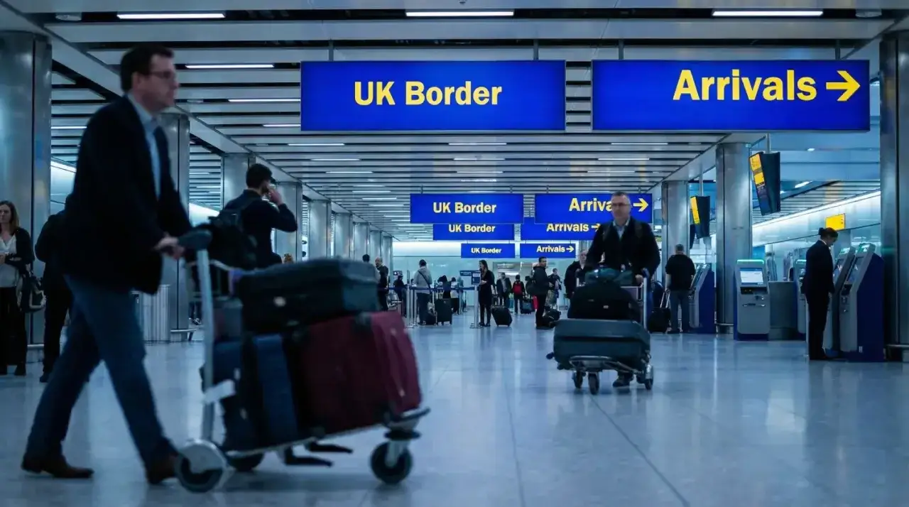 Ludzie z bagażami na lotnisku, kierujący się do UK Border. Zastanawiają się, ile papierosów do Anglii można przewieźć.