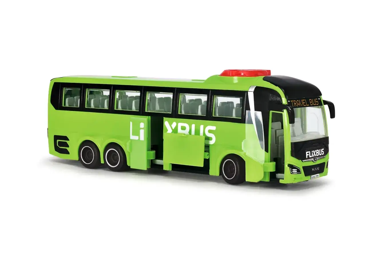 Zielony autobus FlixBus z otwartymi drzwiami, idealny do zabawy, a może nawet do symulacji flixbus zwrot biletu.